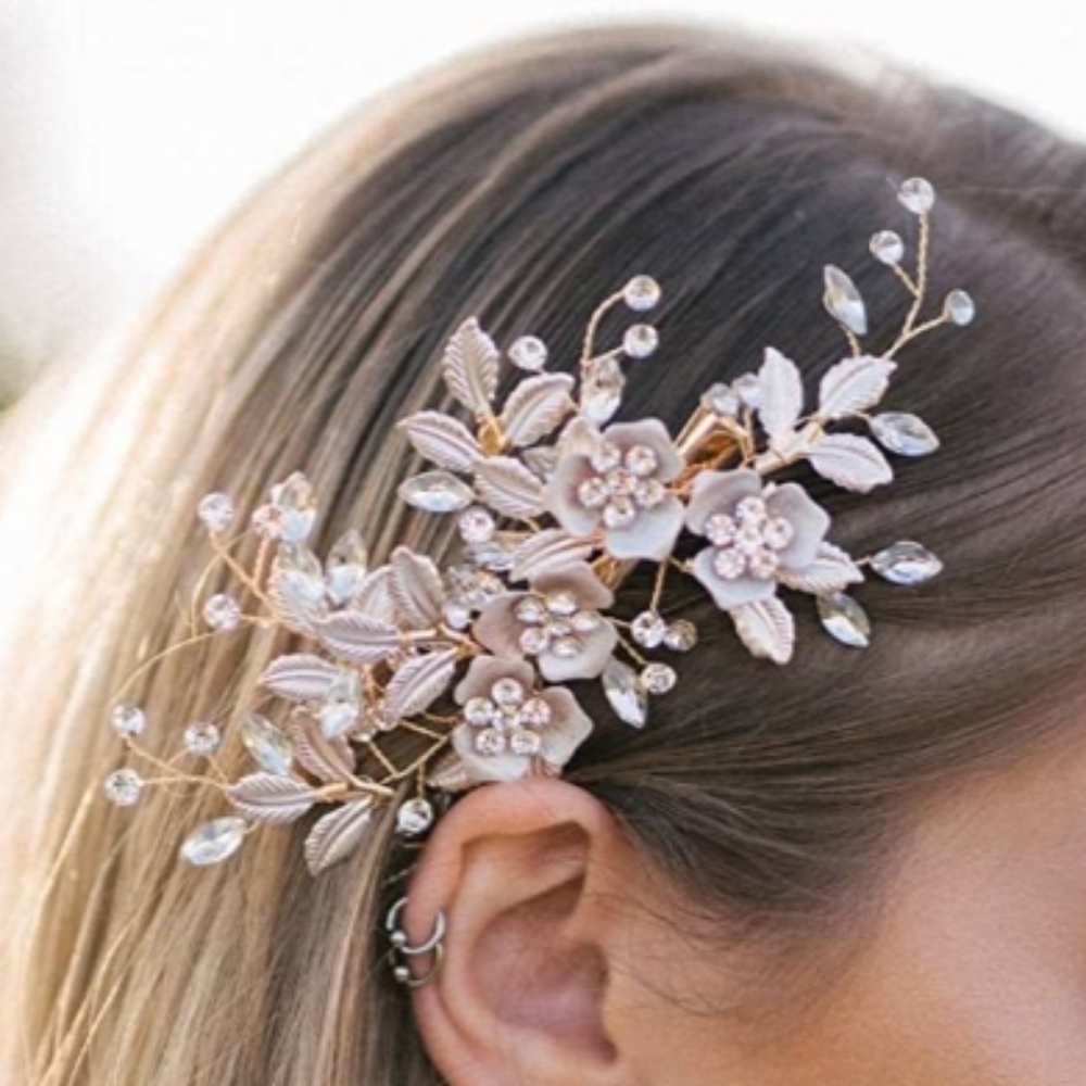 Light rose gold wedding barrette with rhinestones